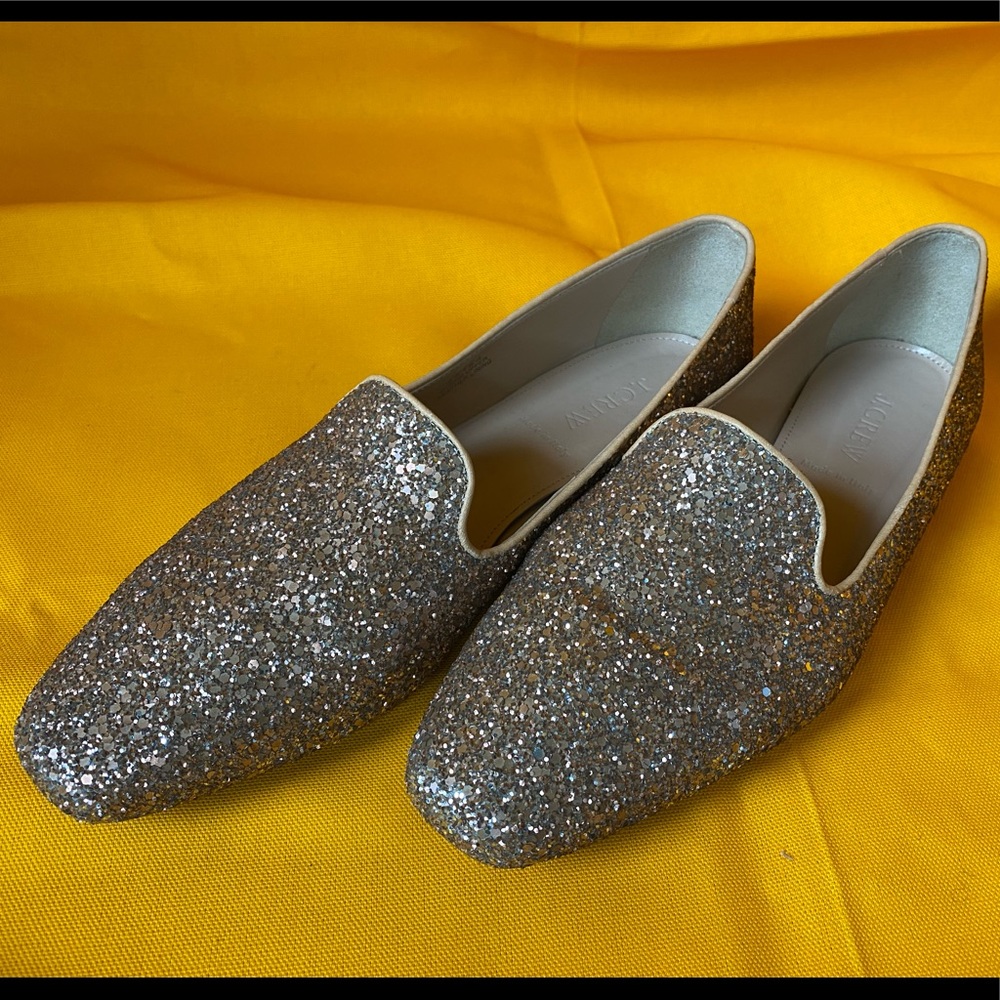 J.Crew: Metallic Pecan Glitter Loafers, size 10, pristine condition.